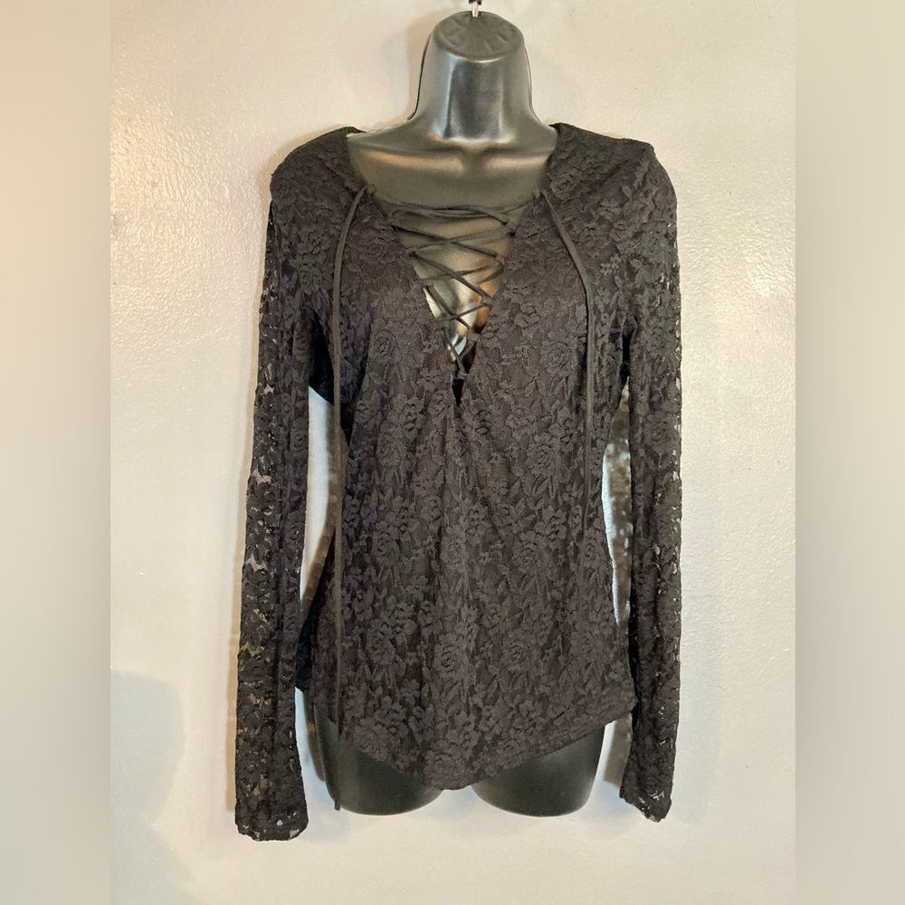 Hommage black lace long sleeve blouse